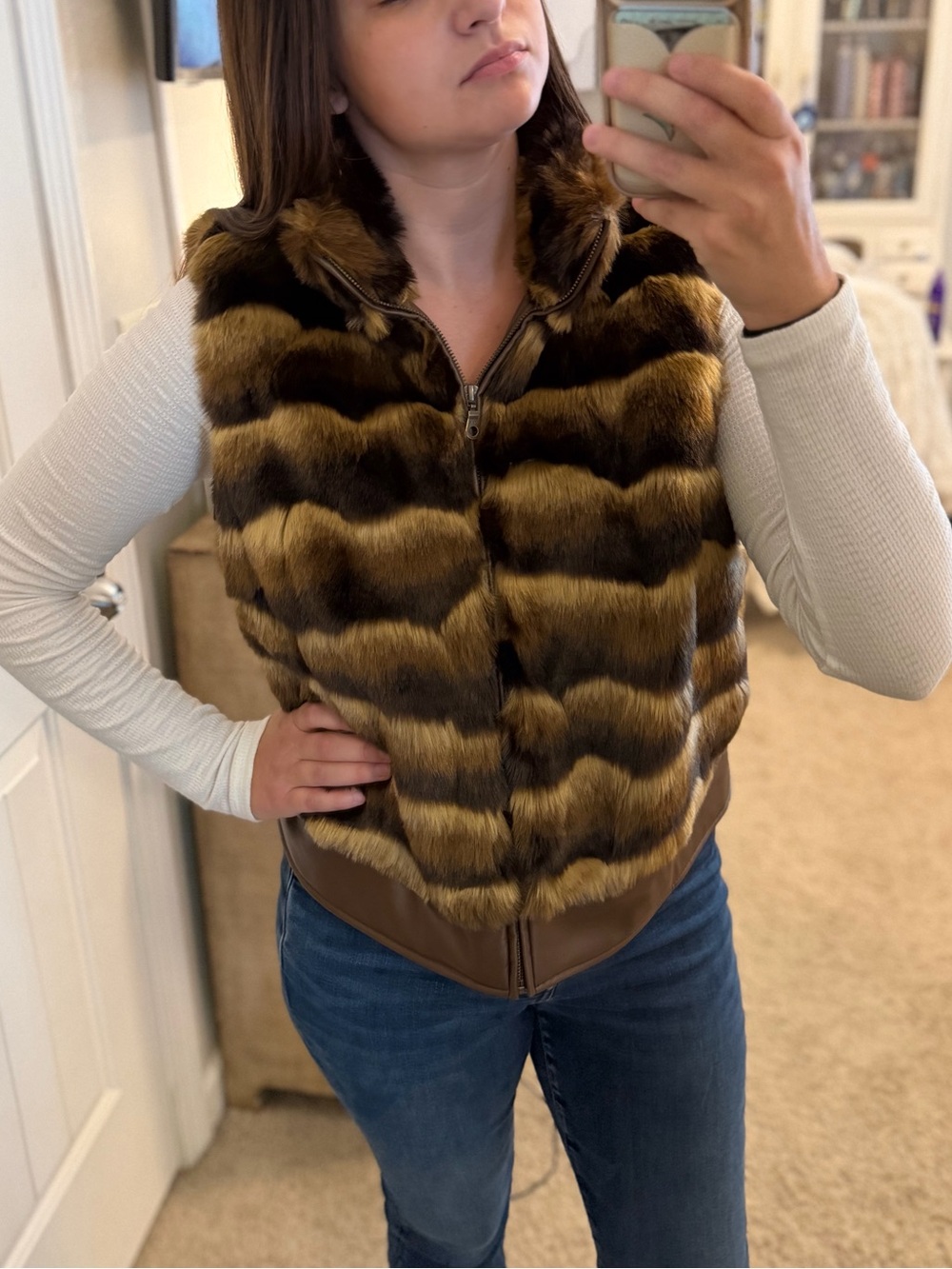 Chico's Brown Faux Fur Chevron Vest with Satin Backing